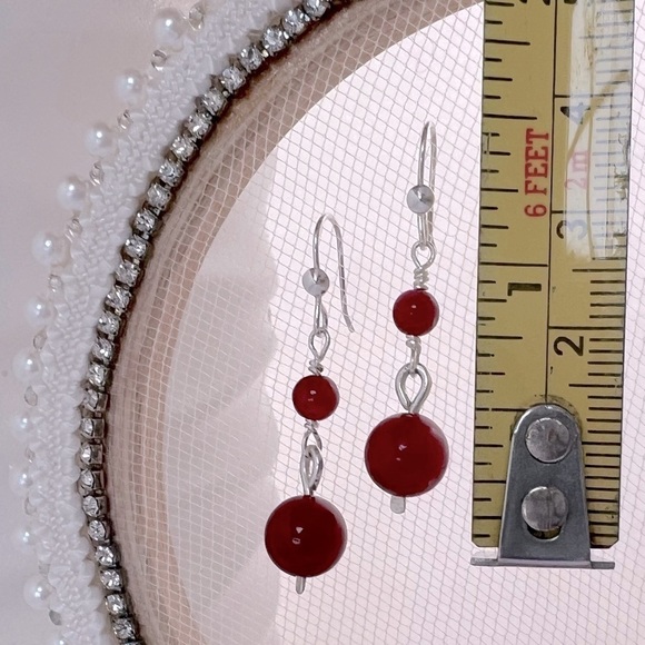 ARTISAN 𝅺Crimson Red Jade Beaded Dangle Sterling Silver Earrings - Picture 8 of 14